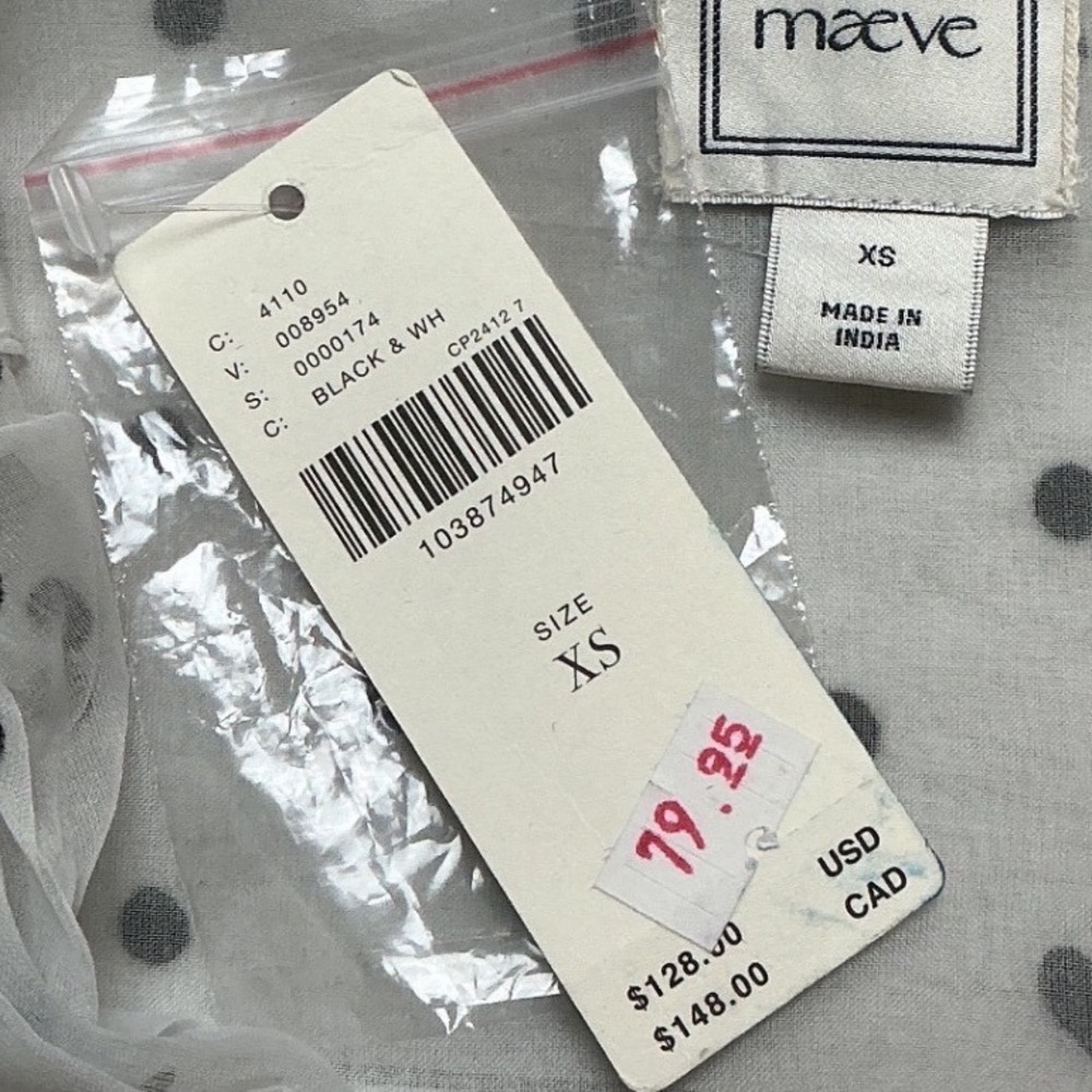 Anthropologie Maeve Heart Polka Dot Sheer Blouse White Black XS New With Tags - Picture 4 of 4